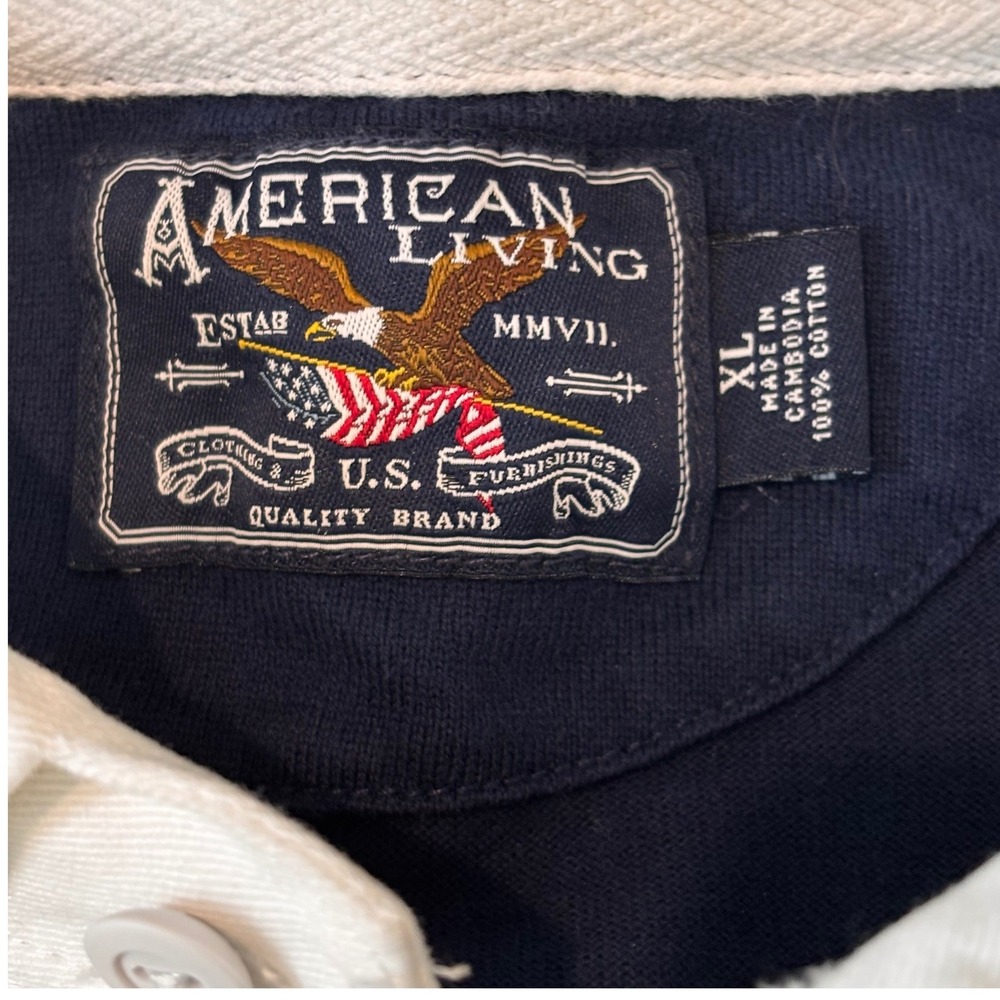 American Living Mens XL Rugby Shirt Cotton Navy Yellow Striped Eagle Flag NWT - Picture 5 of 9